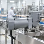 Compact AC gear motor and gearbox on a stainless steel conveyor in an Indonesian food packaging factory