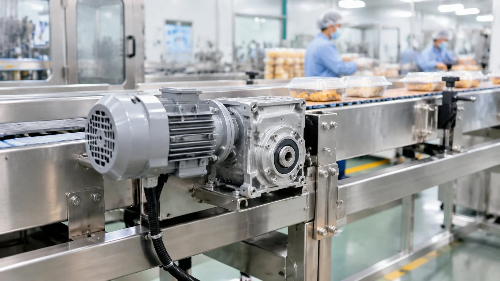 AC gear motor and gearbox driving a stainless steel conveyor in a food packaging plant