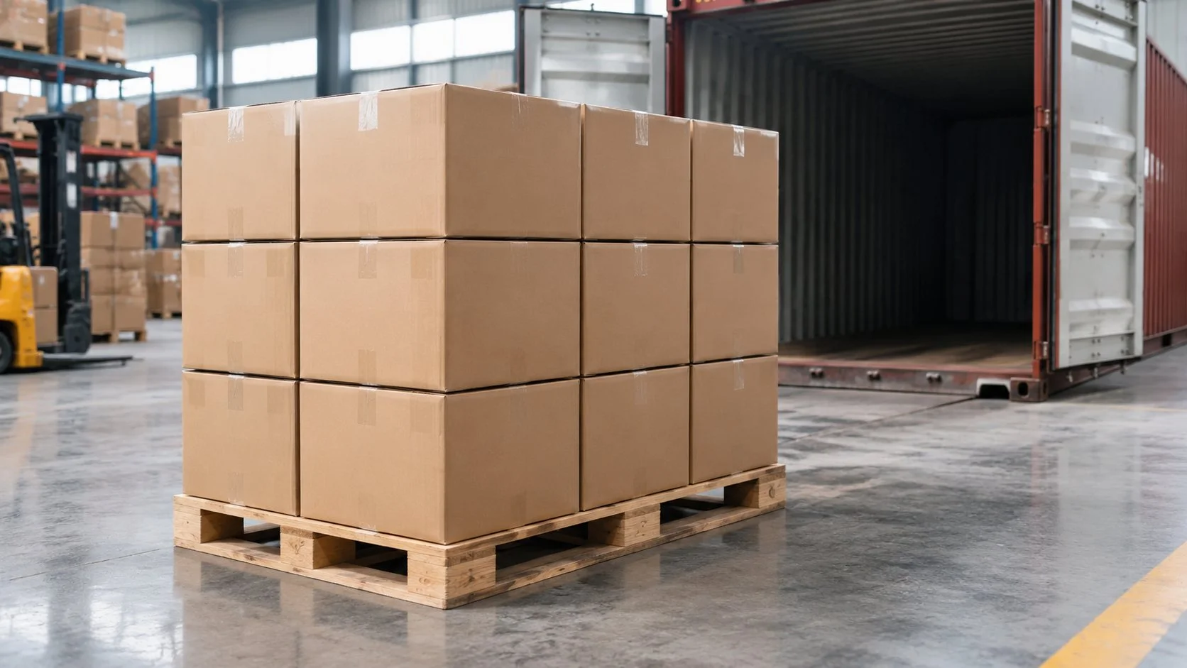 Pallet of plain export cartons of gear motors in a warehouse with an open container behind