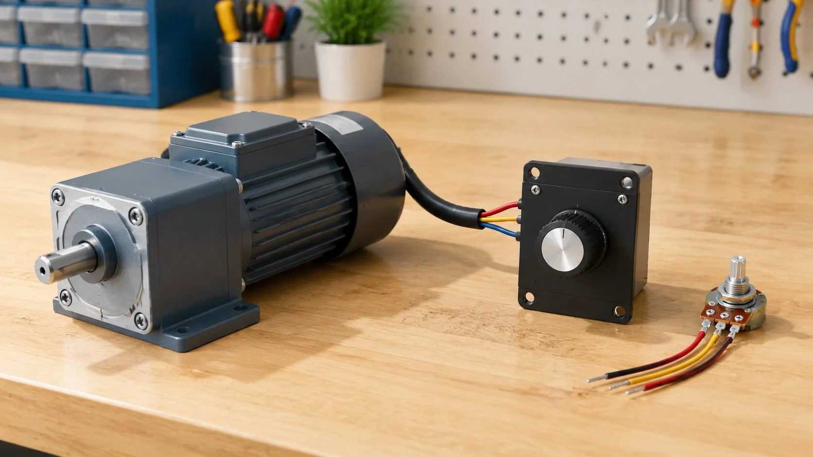 Single-phase AC gear motor connected to a panel mounted speed controller with a potentiometer