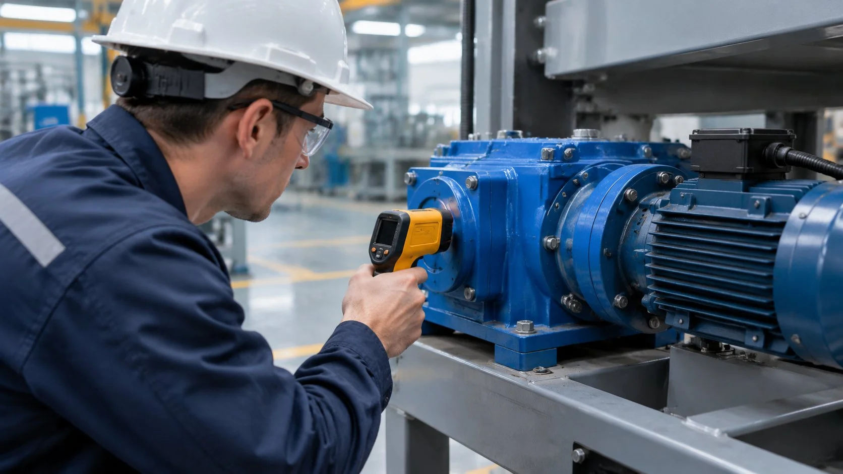 Technician measuring the housing temperature of a running gear motor with an infrared thermometer