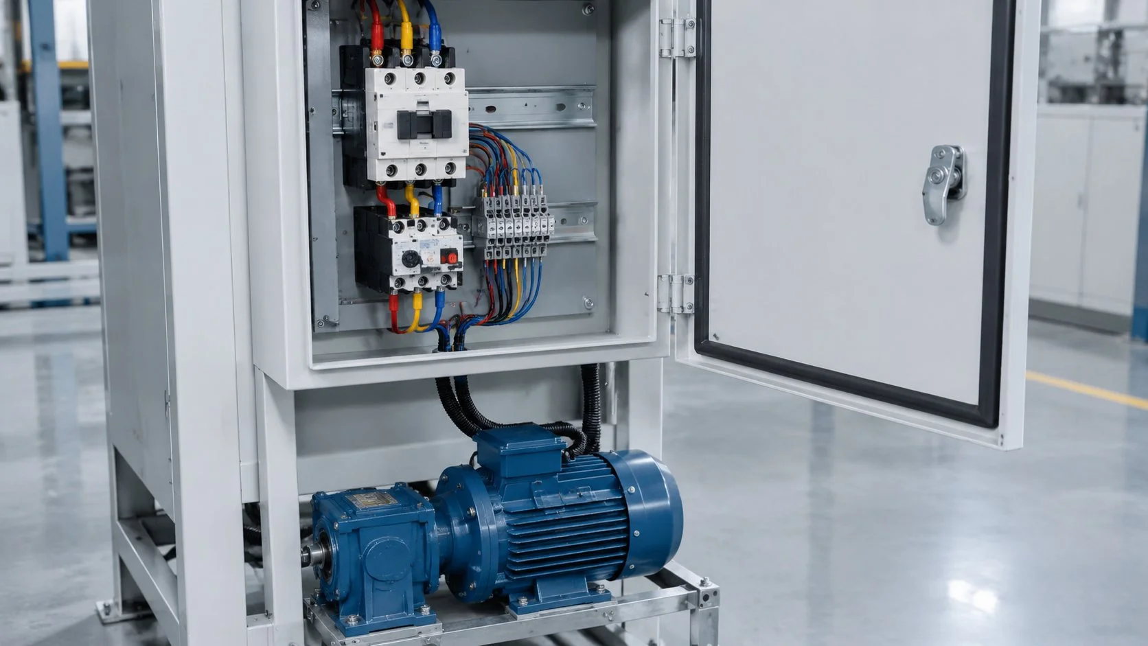 Motor starter panel with contactor and thermal overload relay feeding a gear motor