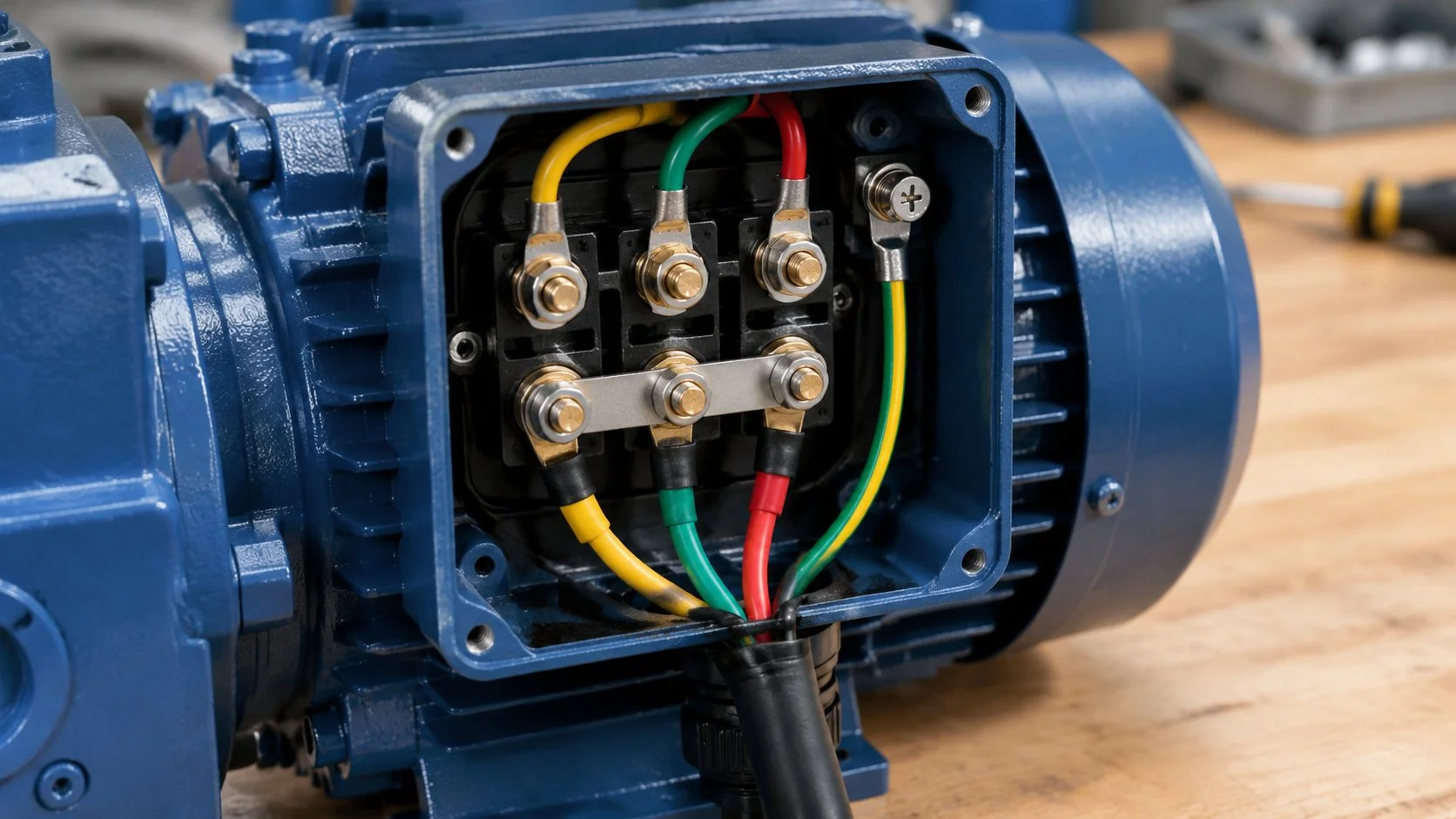 Terminal box of a three-phase gear motor with link bars fitted in the star configuration