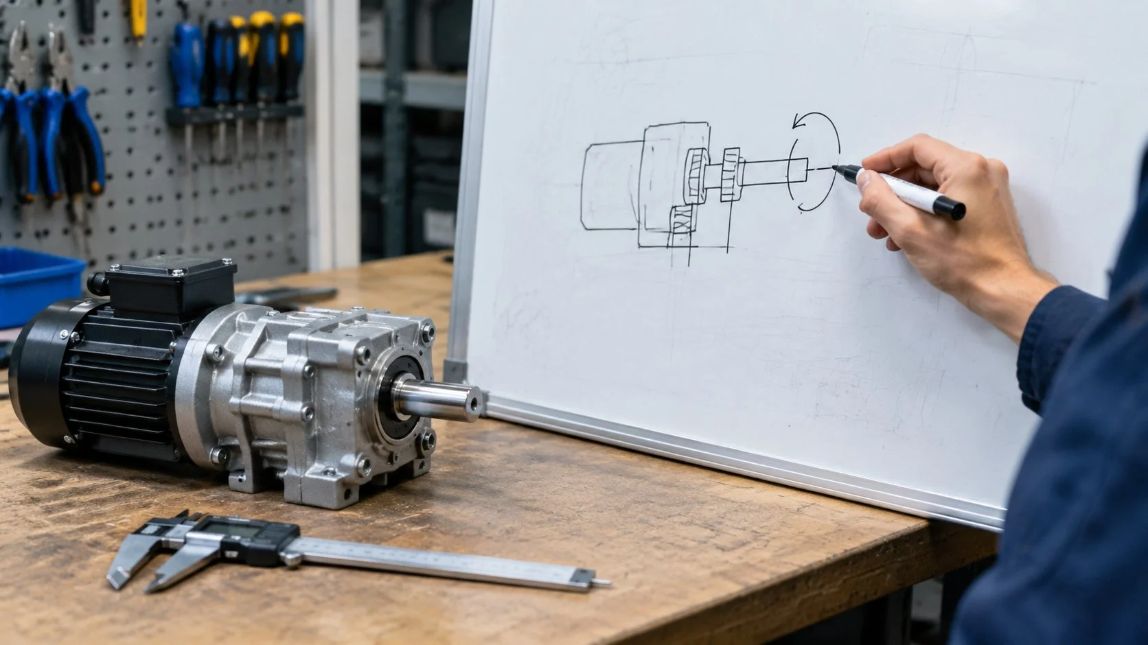 Engineer working through a gear motor torque calculation at a workshop bench