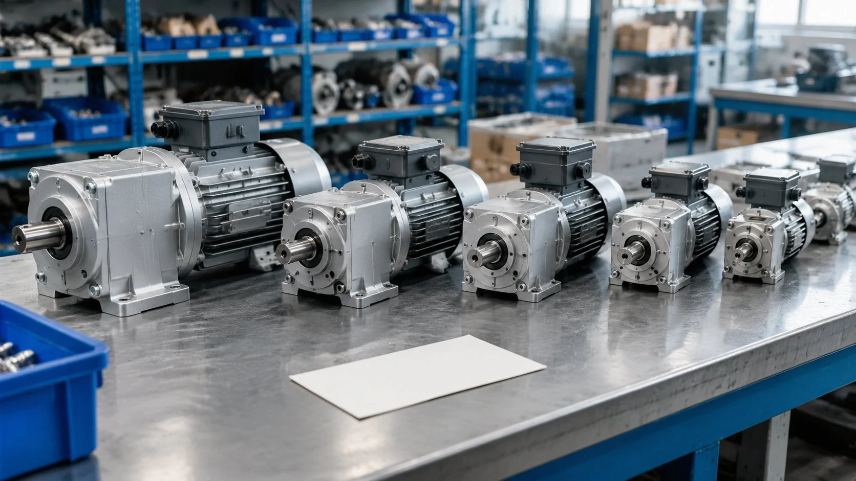Rows of compact AC gear motors and gearboxes staged on a factory assembly bench awaiting test