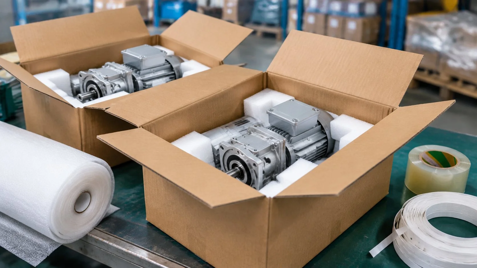 Compact AC gear motors packed into plain export cartons with foam inserts on a packing bench