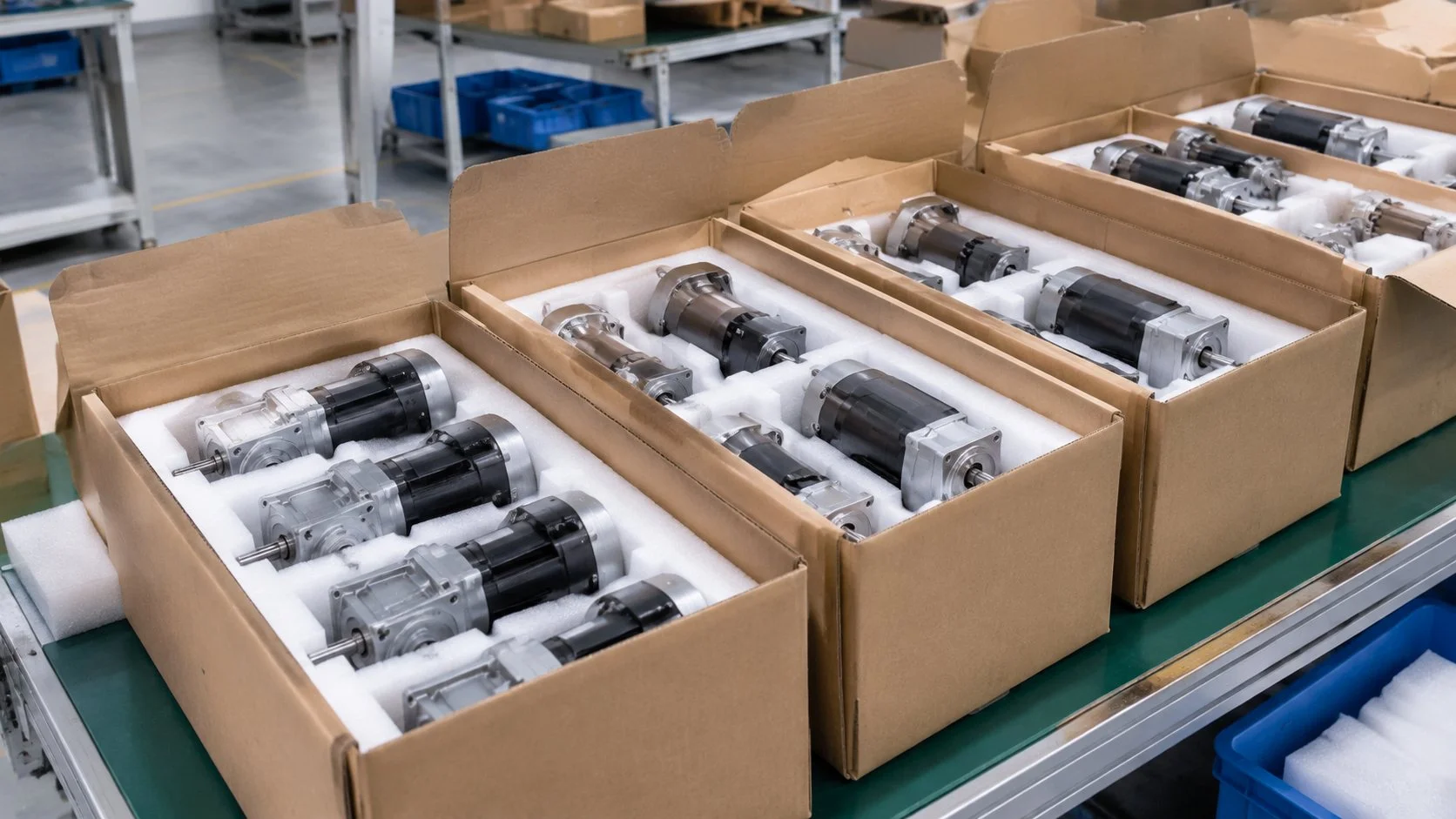 Rows of compact AC gear motors packed in plain export cartons on a factory packing bench