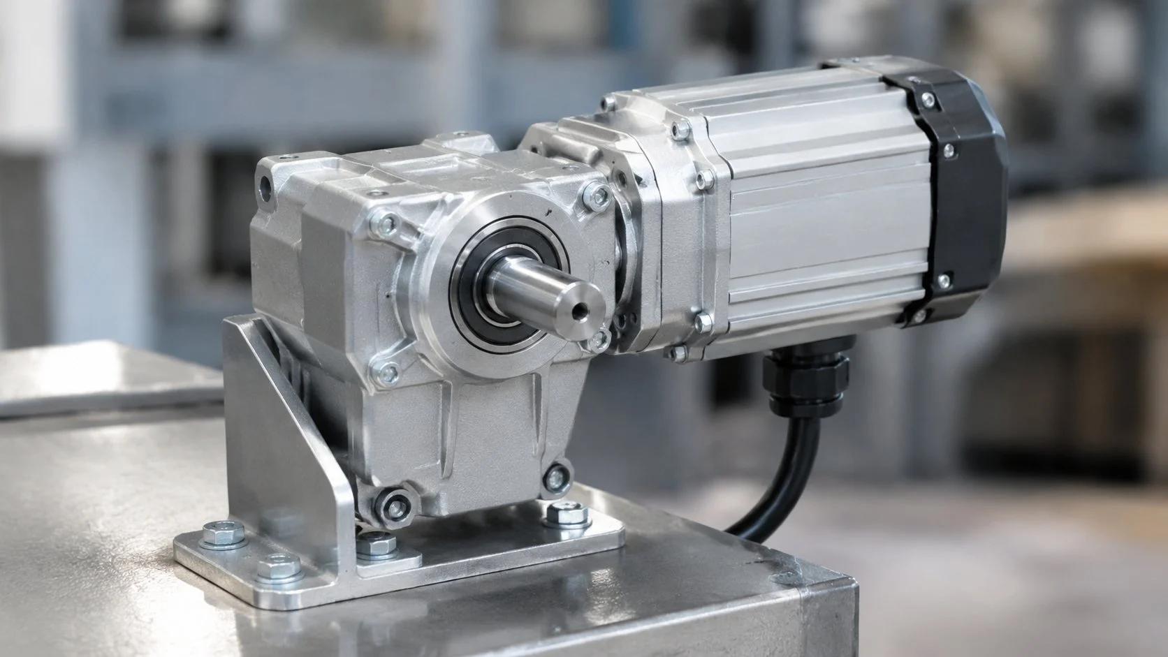 Right-angle gear motor bolted to a steel machine bracket viewed from the output shaft side