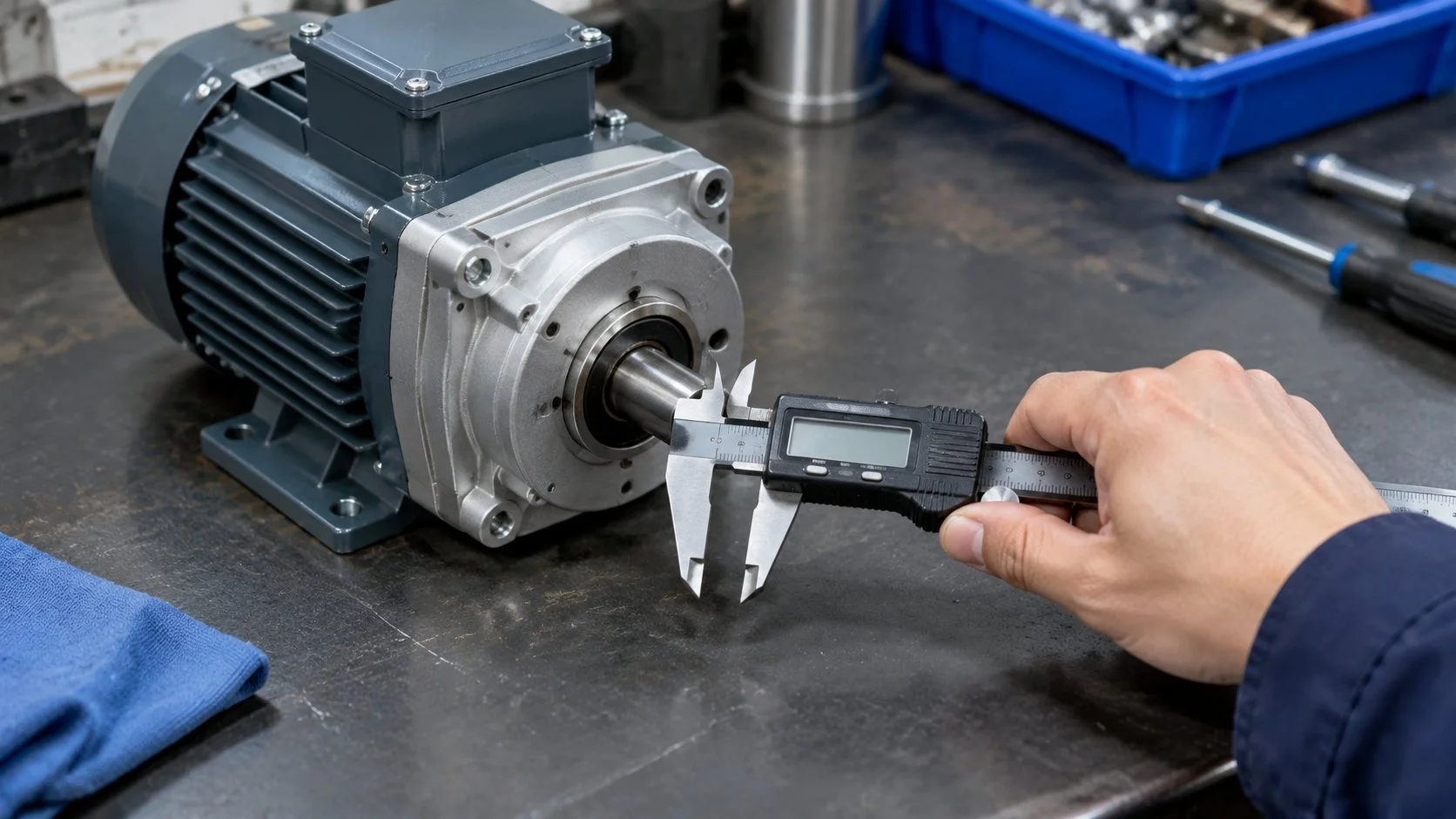 Technician measuring the output shaft diameter of a gear motor with a digital caliper