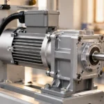 Compact AC gear motor and gearbox on a machine frame with cooling fins visible