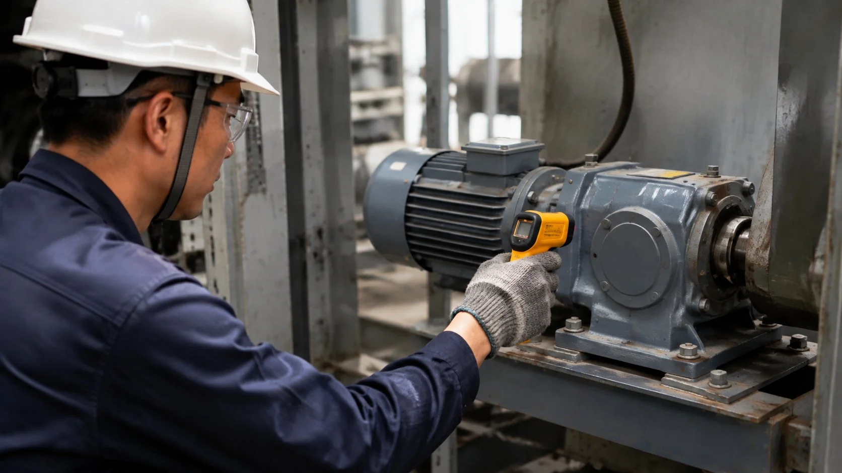 Maintenance technician checking gear motor housing temperature with a handheld infrared thermometer