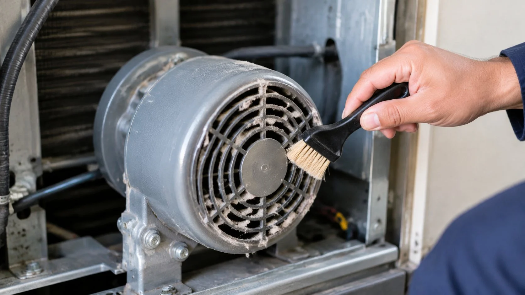 Technician brushing lint out of the cooling fan cowl of a compact AC gear motor