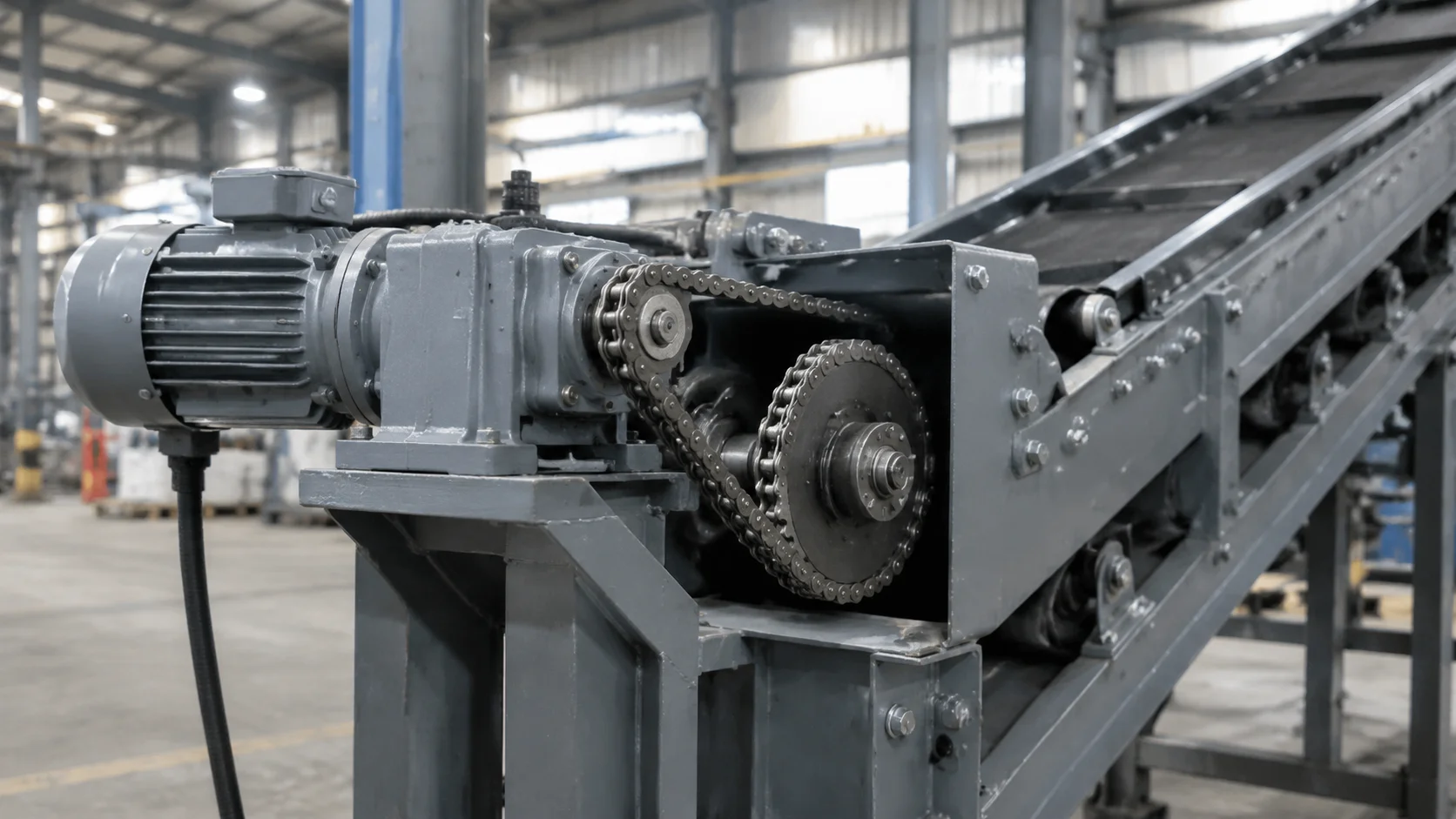 250W 100 mm frame AC gear motor driving an inclined belt conveyor through a chain and sprocket reduction