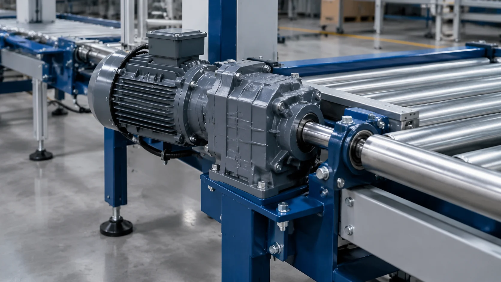 400W three-phase AC gear reducer motor with 22 mm output shaft mounted horizontally on a pallet conveyor drive station