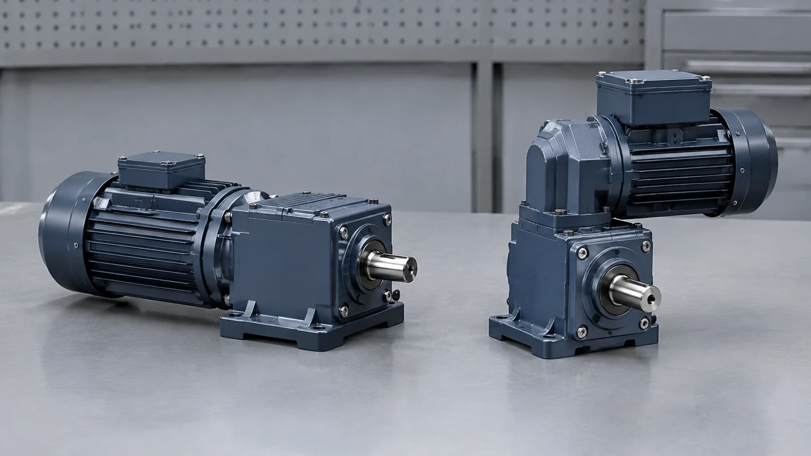 Inline parallel shaft gear motor next to a right angle bevel gear motor showing the 90 degree change of direction