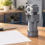 Compact AC gear motor and gearbox on an engineering desk beside a drawing sheet and caliper
