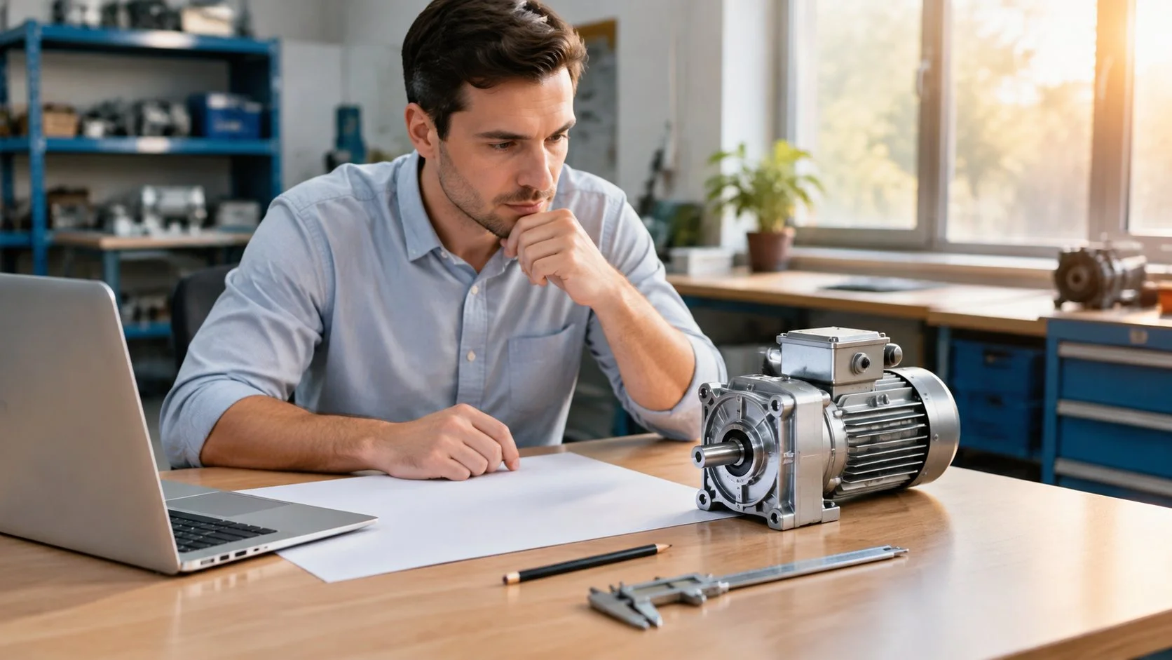 Engineer reviewing a gear motor on a desk with a drawing sheet and caliper before writing an enquiry
