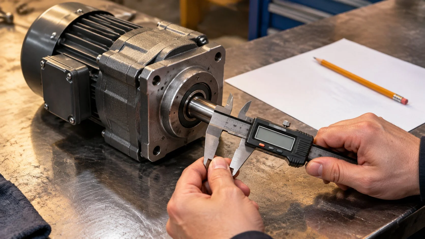 Measuring the output shaft diameter of a gear motor with a caliper on a workbench