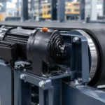 Three-phase AC gear reducer motor driving a belt conveyor head pulley in an industrial plant