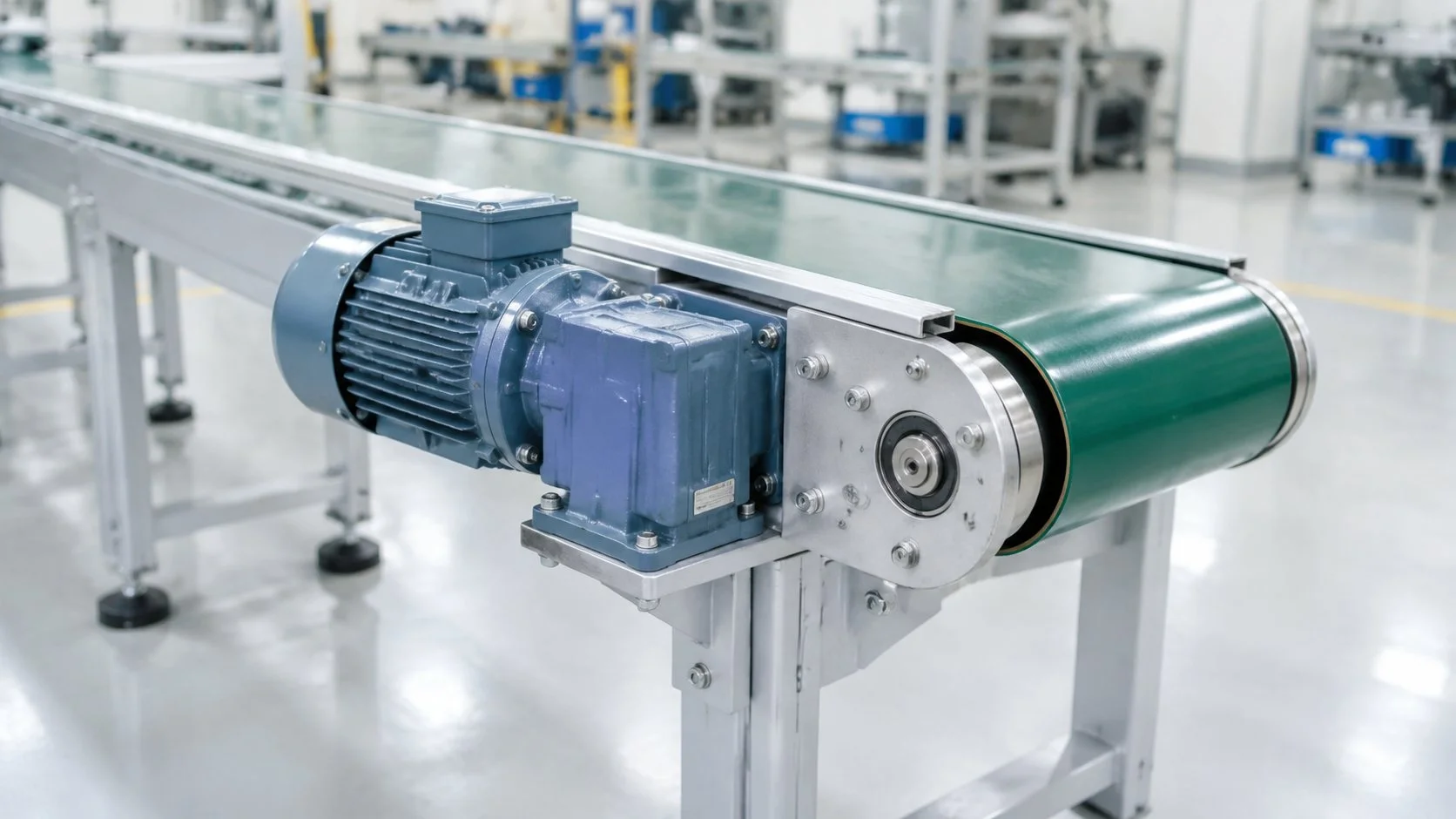 Small compact three-phase gearmotor with integral gearbox driving a narrow belt conveyor
