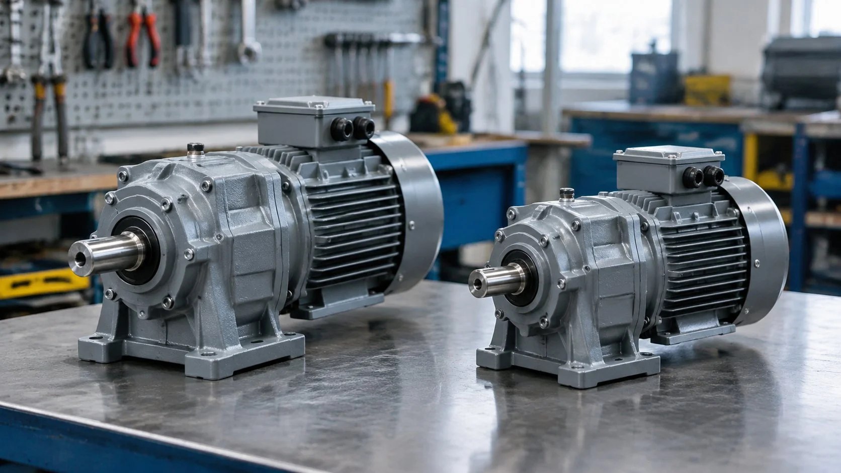 Two compact three-phase gearmotors of different frame sizes side by side on a workshop bench