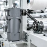 Compact AC gear motor driving the feed roller of a textile winding machine through a chain drive