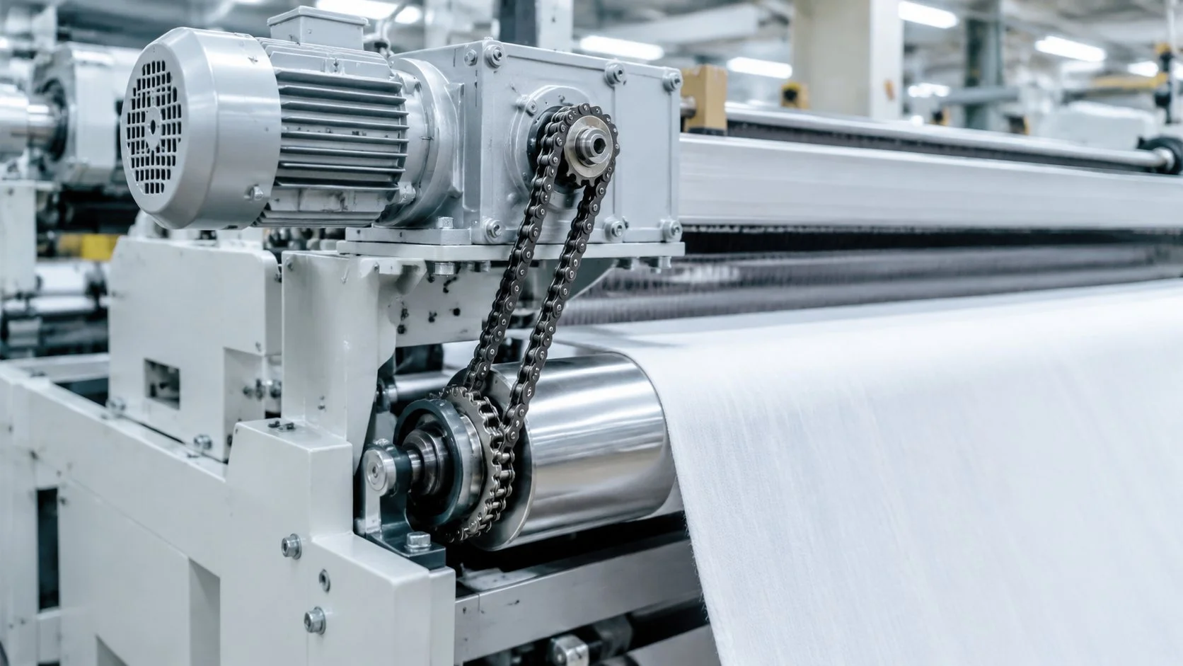 Gear motor driving a steel feed roller of a textile machine through a roller chain drive