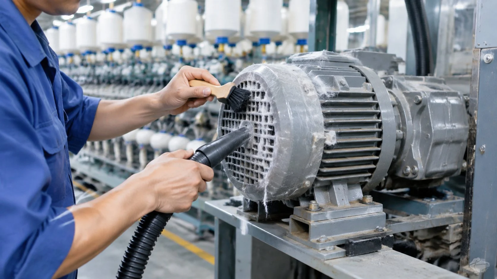 Technician cleaning lint from the cooling fan cowl of a gear motor on a textile machine